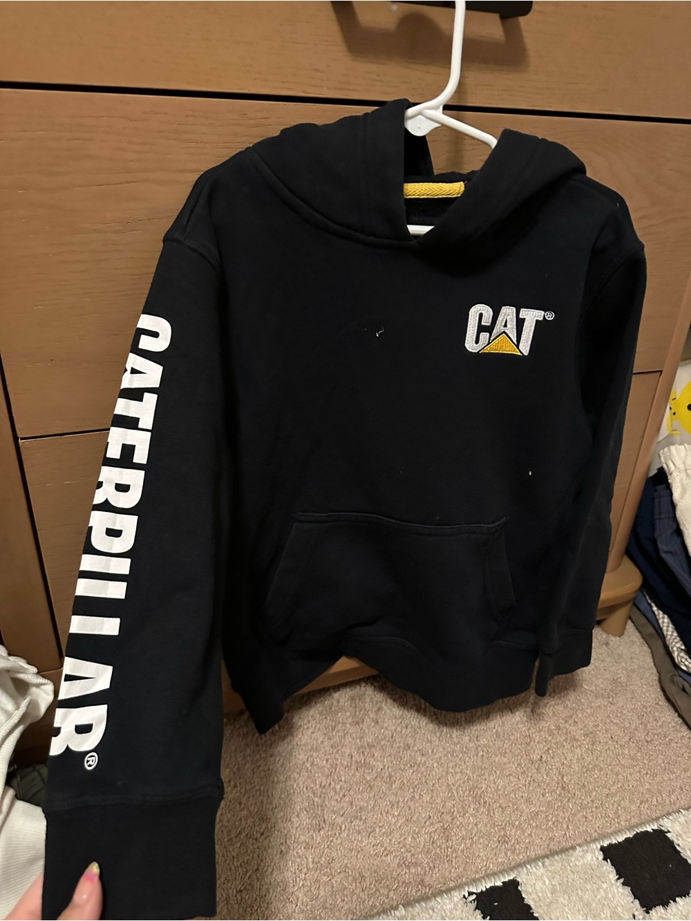 Caterpillar Black Hoodie with White Sleeve Logo and Yellow Accent